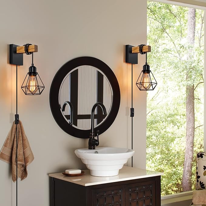Plug in Wall Sconces Set of Two, Wall Sconce with 8.53FT Switched Power Cord, Rustic Vintage Wall Lights for Bedroom, Bathroom, Entryway, Living Room, Bedroom