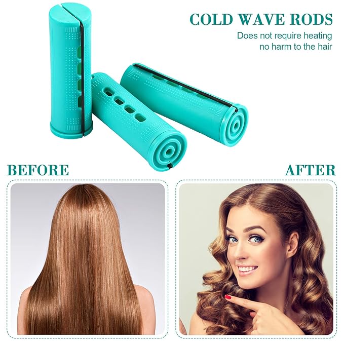 Chuangdi 24 Pcs Hair Perm Rods Plastic Cold Wave Perming Curlers Hair Rollers with Steel Pintail Comb Rat Tail Comb Tools for Hairdressing Styling(Green,0.98 Inches)