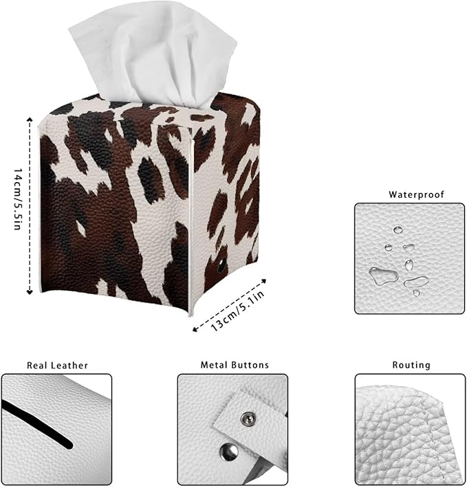 Cowhide Print Tissue Box Cover Modern Square Tissue Box Organizer Decorative PU Leather Facial Paper Holder for Bathroom Vanity Countertop Bedroom Dresser Office Desk