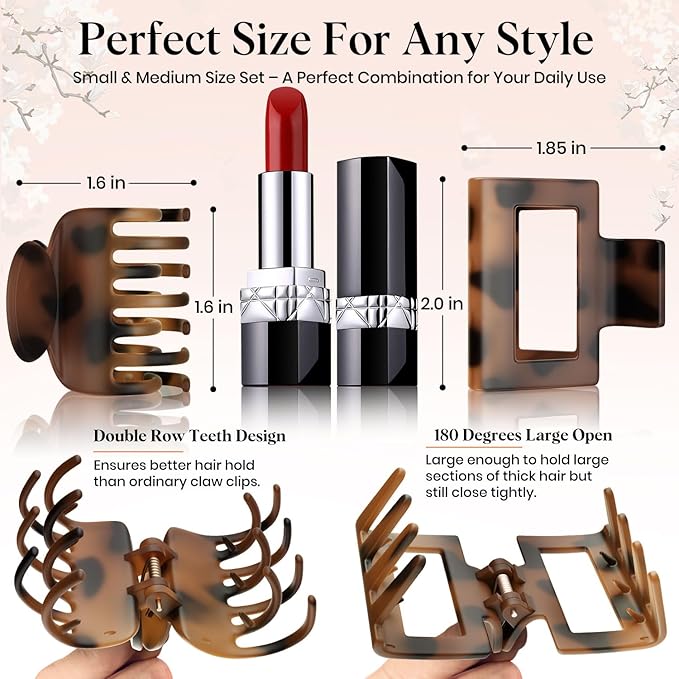 8 Pcs Medium Hair Clips for Women Girls - 2 Styles Rectangle and Double Row Teeth Small Claw Clips for Thin Thick Hair, Matte Non-slip Strong Hold Jaw Clips Hair Accessories, Tortoise & Black