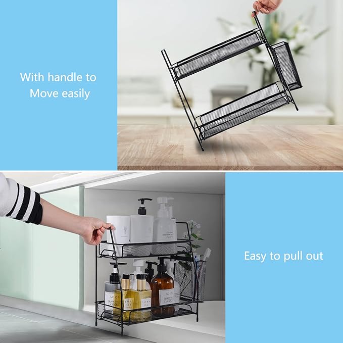 LEMIKKLE 2-Tier Bathroom Countertop Organizer,Skincare, Makeup Countertop Organizers, Kitchen, Bathroom Counter Storage with Small Basket (Black)
