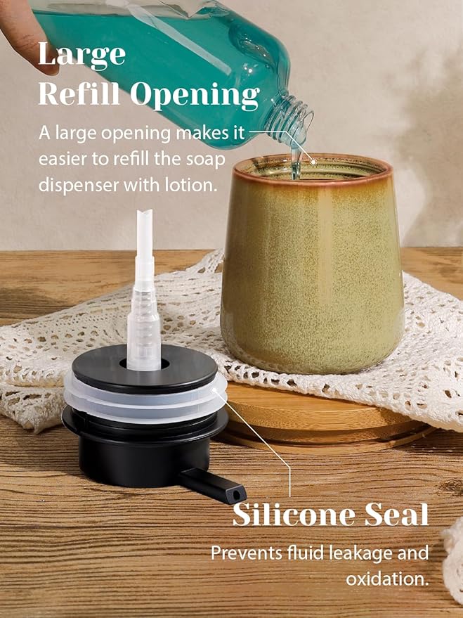 INGOFIN Ceramic Lotion Dispenser - 12 oz Refillable Hand Soap Dispenser Bathroom, Modern Liquid Soap Dispenser with Pump, Dish Dispenser for Kitchen,Kiln-Glazed Earthy Greenish-Brown