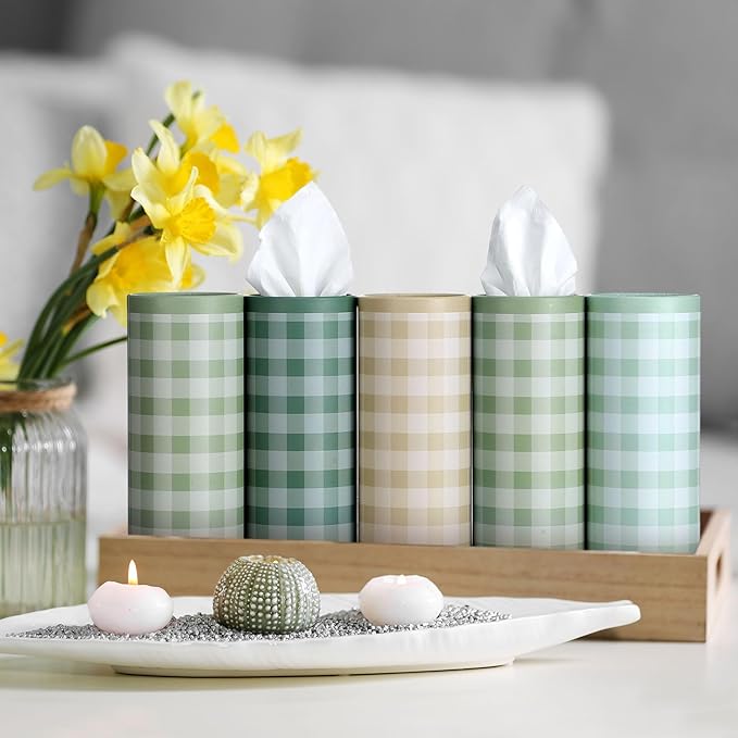 12 Set Green Plaid Tissue Boxes for Car Cylinder Bulk Fresh Plaid Round Cylinder Holder with 3 Ply Facial Tissues for Spring Summer Travel Bathroom Office Decoration
