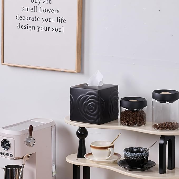 Black Ceramic Rose Tissue Box Cover, Carved Flowers Large Square Tissue Box Holder Decorative for Bathroom, Vanity, Kitchen Countertop, Bedroom Night Stands, Office Desk Top