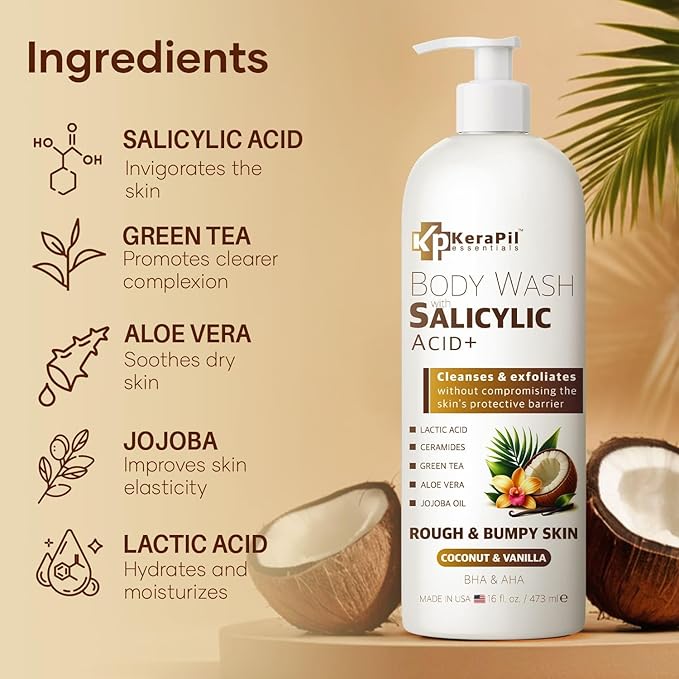 Exfoliating Body Wash with Salicylic Acid - No Dry Out, Gentle Exfoliates Rough and Bumpy Skin, Body Acne Wash, BHA & AHA - Coconut and Vanilla with Salicylic Acid - (16 fl oz)