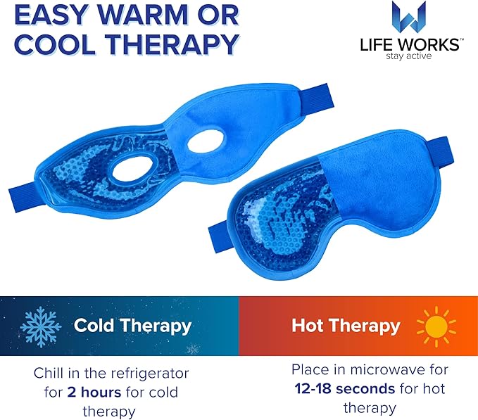 LIFE WORKS 2-Pack Eye Mask Set with Cutout, Hot or Cold Therapy for Puffy Eyes, Dark Circles, Headaches, and Migraines, Soft Gel Beads & Liquid Gel for Cooling or Warming Comfort