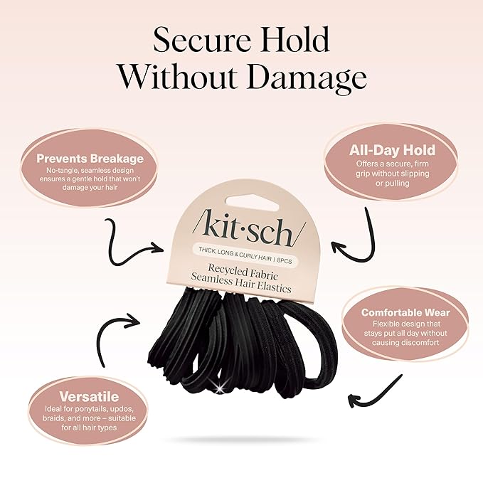 Kitsch Seamless Hair Ties No Damage - Stretchable Hair Bands for Strong All-Day Hold, Ponytail Holders | Hair Accessories for Girls | Ideal Gifts for Women - Black 8 Pcs