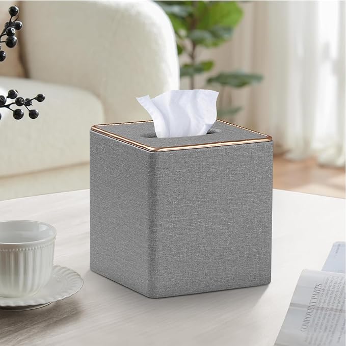 Leather Tissue Box Cover Square,Decorative Cube Tissue Box Holder with Magnetic Bottom,Facial Paper Organizer Table Napkin Case Dispenser for Bathroom NightStand Coffee Car Home Office,Grey