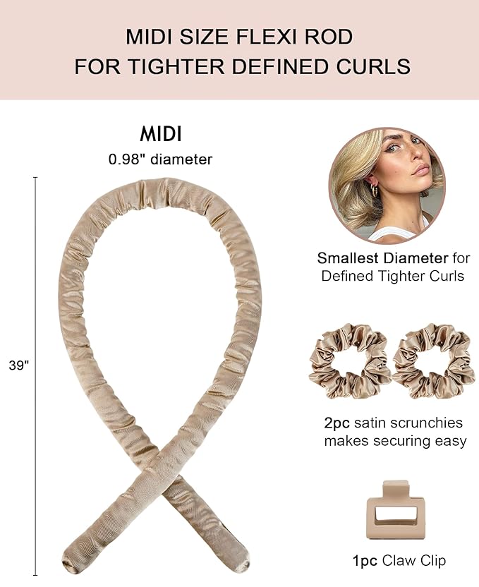 Midi Heatless Curls Overnight Hair Curlers to Sleep In Small Hair Rollers for Short Medium Hair No Heat Overnight Curls, Soft Satin Flexi Rods Heatless Curling Rod Set Styling Tools for Women