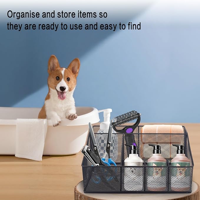 Universal Pet Grooming Supplies Organizer, 6-Compartment Mesh Wire Dog Storage Organizer for Grooming Supplies, Cat Blanket, Shampoo, Trimmer, Clipper, Brush