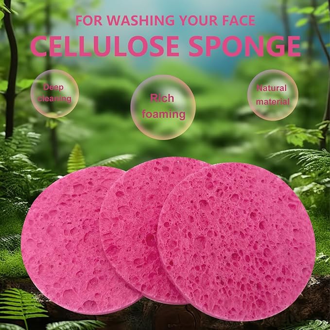 50-Count Large Compressed Facial Sponges for Estheticians,Daily Cleansing and Gentle Exfoliating- 100% Natural Cellulose Spa Sponge Perfect for Removing Dead Skin,Dirt and Makeup(Round 2.95",Pink)