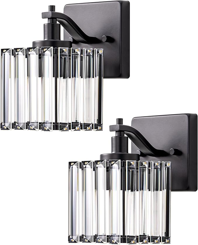 EDISHINE Hardwired Bathroom Light Fixtures, Modern Wall Sconces Set of Two, Crystal Bathroom Vanity Llight, Indoor Lighting Fixtures Over Mirror, Black Wall Lamp for Bedroom