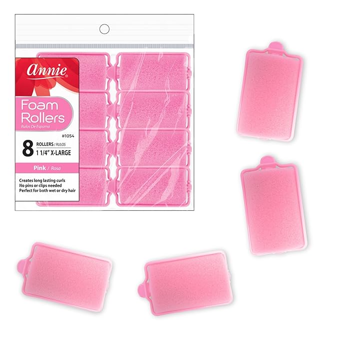 Annie Foam Hair Rollers X-Large 1 1/4 Inch, 8 Count Pink Soft Sponge Curlers for Heatless Curls & Waves, No Pins or Clips Needed, For Wet or Dry Hair, Long-Lasting Hold