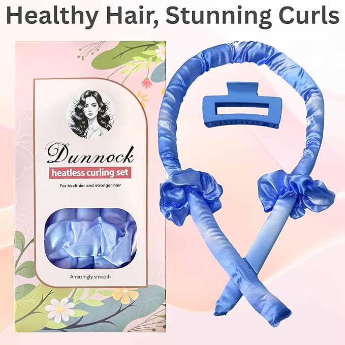 Dunnock Heatless Curling Rods Set Sky Blue - Heatless Curls Overnight with 34" Hair Curler & 2 Satin Scrunchies No Heat Hair Curlers for Soft Waves & Bouncy Curls, DamageFree Hair Styling Tool