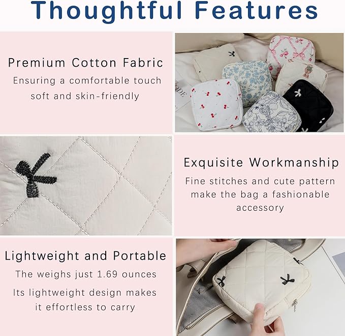Small Quilted Cosmetic Pouch for Purse, Mini Cotton Makeup Bag with Compartments, Cute Zipper Lipstick Holder for Women (06Beige Bow)