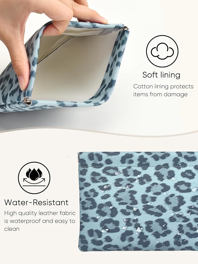 Leopard Leather Small Makeup Pouch for Women,Cosmetic Accessories,Waterproof and Portable Cosmetic Bag,Self-closing, No Zipper, Aesthetic Storage Pouch,Lipstick for Purse,Azure-blue