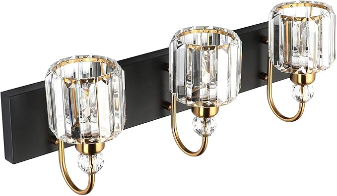 Ralbay Modern Bathroom Vanity Light Fixture, 3-Lights, Black Metal & Crystal, HJ-8600-3T
