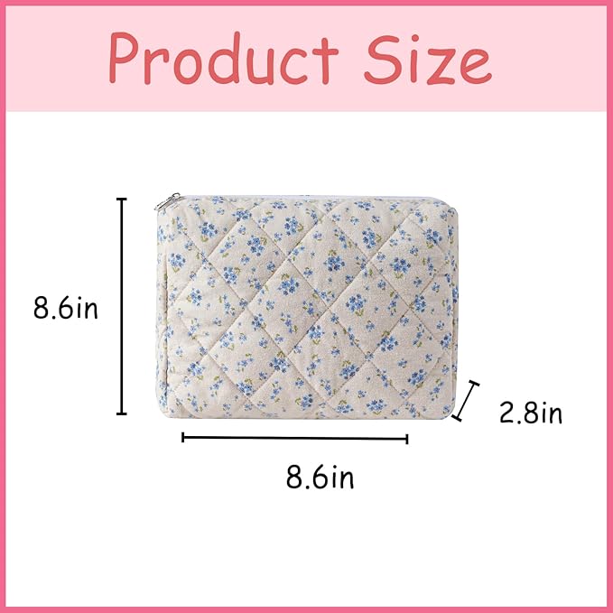 uekeboag Quilted Cotton Makeup Bag,Coquette Quilted Toiletry Bag for Women and Girls,Floral Coquette Pouch,Cute Kawaii Travel Cosmetic Bags(Demin Blue)