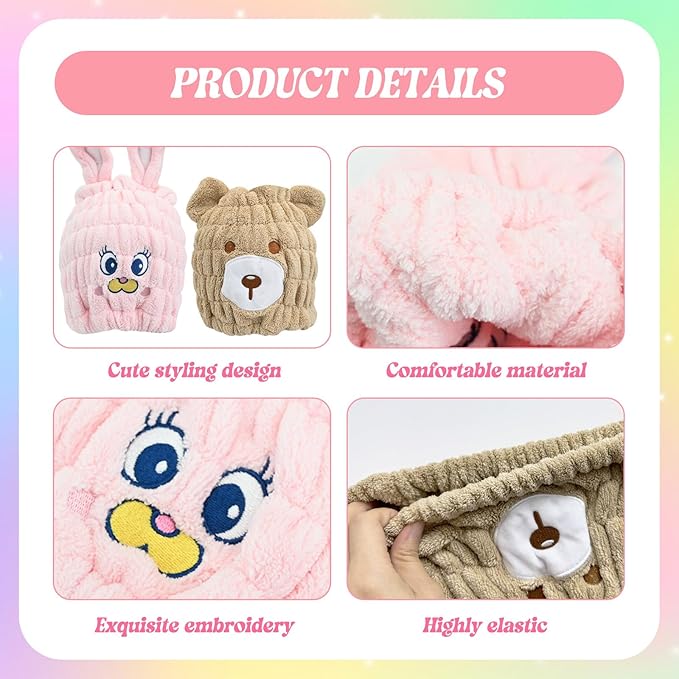 2 PCS Microfiber Hair Towel Wrap for Kids, Girls & Women,Cute Unicorn and White Rabbit Dry Hair Cap - Super Absorbent Quick Drying, Lightweight Turban Towel for Wet Hair (Brown) (Color A)