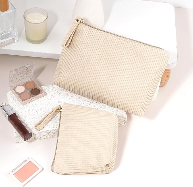 MAGEFY 2Pcs Makeup Bag Set, Cute Makeup Pouch for Purse Corduroy Travel Cosmetic Pouch for Women with Slip-in Pockets for Purse Essentials Accessories(Beige,Mini+Small)