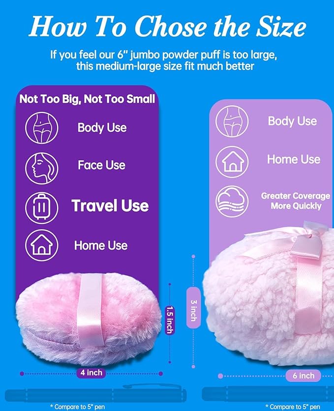 4" Large Powder Puff, Soft Fluffy Dusting Powder Puff for Body with Case, Even Application, Washable, Travel Size, Pink