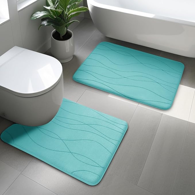 YIHOUSE Memory Foam Bathroom Rug Sets 2 Piece, Ultra Absorbent Bath Mat for Bathroom - Non-Slip Machine Washable & Dry Quickly, 2 Piece Bathroom Mat Set,Teal