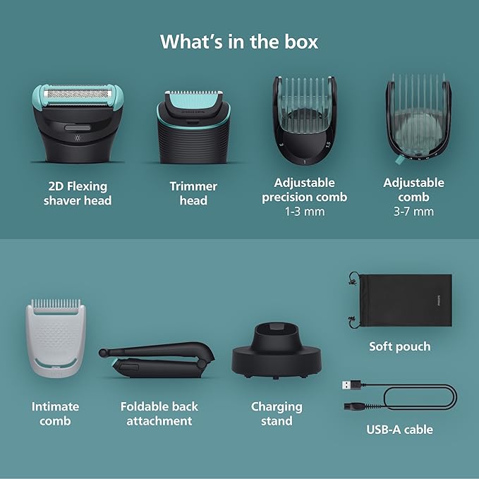 Philips Norelco Body Groomer 7000 Series, Men's Whole Body Groomer, Contour-Following 2D Flexing Head, Triple Protect Shave System & Intimate Body Hair Trimmer, 100% Showerproof, BG7480/50