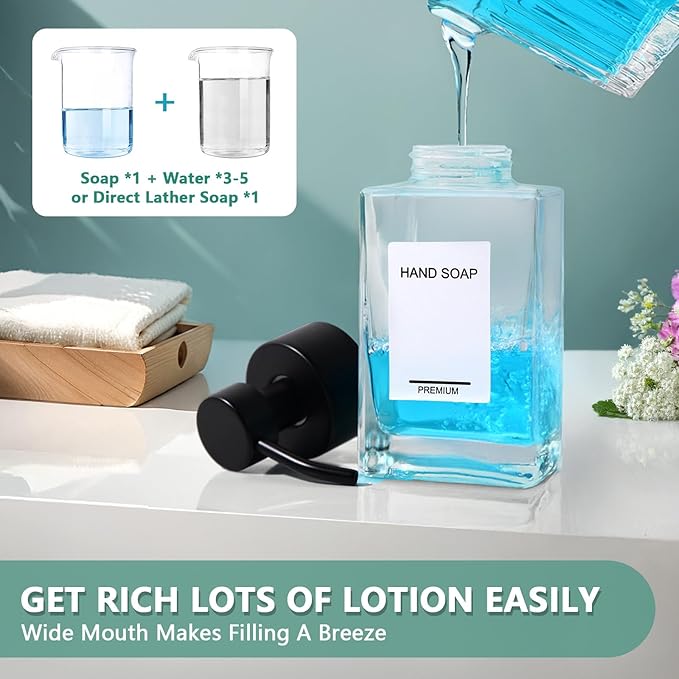Foaming Soap Dispenser 2 Pack, 12oz/350ml Glass Foaming Hand Soap Dispenser Set with Stainless Steel Pump, Square Refillable Foam Pump Bottles for Bathroom&Kitchen,Includes 6 Labels