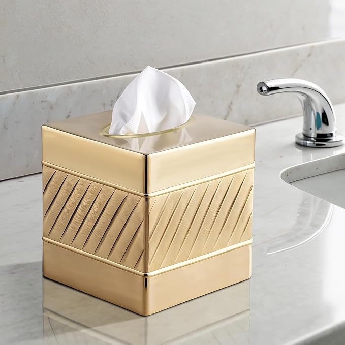 Monarch Abode Tissue Box Cover Square – Handcrafted Wave Embossed Brushed Gold Metal Tissue Holder Box for Bathroom Accessory, Aesthetic Decorative Facial Napkin Cube for Modern Home Decor