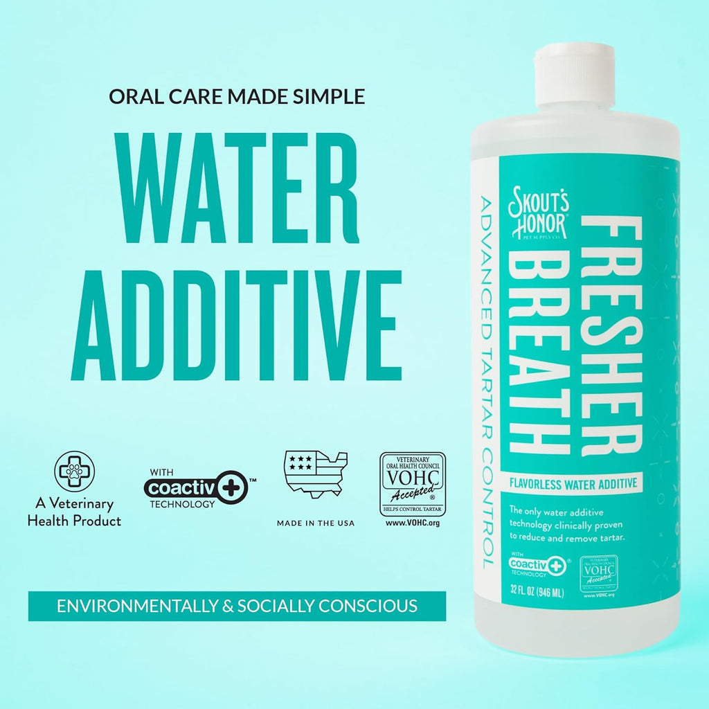 SKOUT'S HONOR Fresher Breath Water Additive for Pets - VOHC Accepted for Tartar Control, Freshens Breath Fast, No Brushing Required, 32 oz, 2-Pack