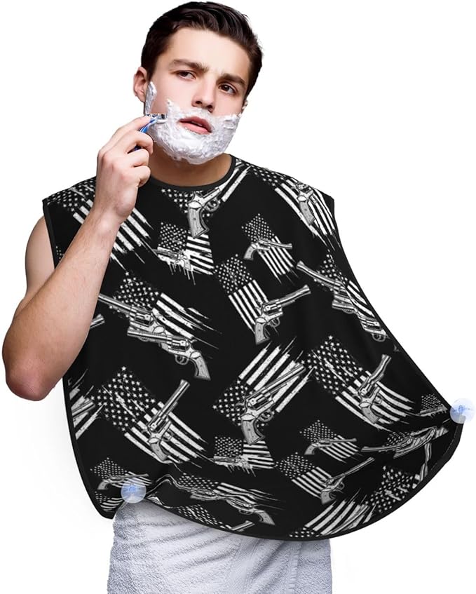 Adjustable Non-Stick Beard Apron, Hair Catcher Cape for Shaving Grooming, Waterproof with Suction Cups Men, Black and White Design American Flag Shave Bib