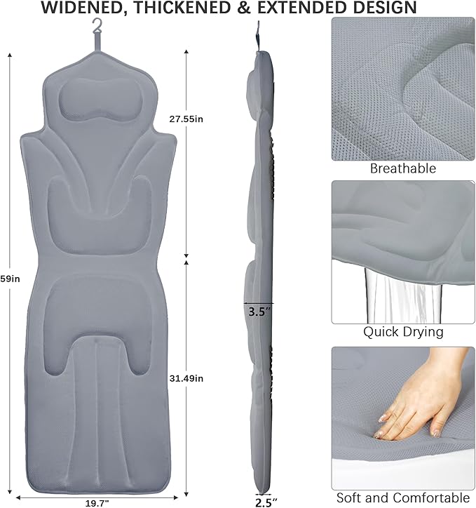 Ergonomic Full Body Bath Pillow for Bathtub, 5D Luxury Spa Cushion with 114 Non-Slip Suction Cups, Extra Long Thick Bath Pillow for Full Body Support, for Adult with Laundry Bag & Hook (Grey) (Gray)