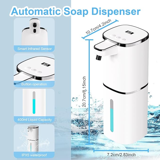 Automatic Foaming Soap Dispenser Touchless, USB Rechargeable Smart Hand Soap Dispenser, 9-Level Adjustable, Physical Button Operation, 13.5oz/400mL Wall Mounted for Bathroom Kitchen Dish Soap