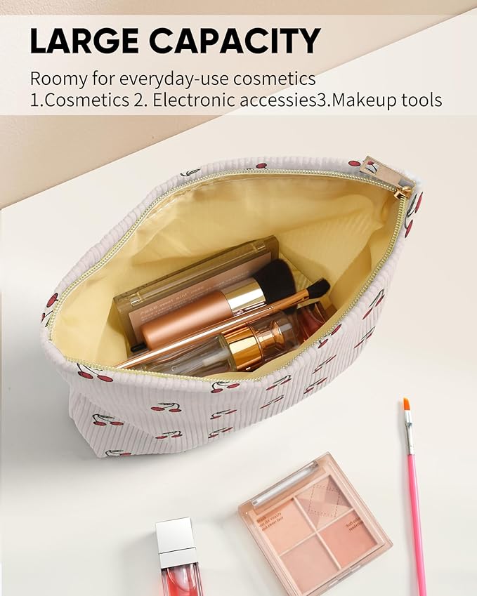 Cute Red Cherry Makeup Pouch for Women Small Make Up Beige Cherries Pattern Bag for Purse Zipper Initial Makeup Cosmetic Bags Pouches for Purse Aesthetic Travel Toiletry Bags