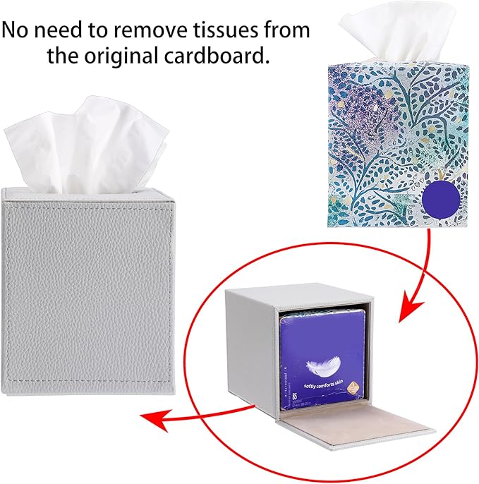 Sumnacon Tissue Box Cover Square Tissue Box Stylish PU Tissue Box Holder with Magnetic Bottom, Leather Cube Tissue Cover for Living Room Bathroom Bedroom Table Desk Home Office Car, Light Grey