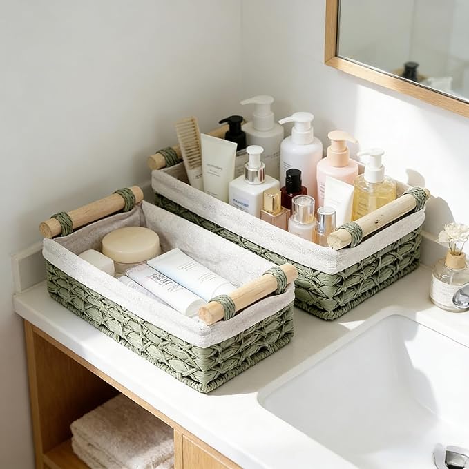 Baskets for Organizing, Set of 2 Green Wicker Bathroom Countertop Baskets with Liner, Paper Rope Basket Organizer with Wooden Handles for Vanity, Counter, Shelf Storage