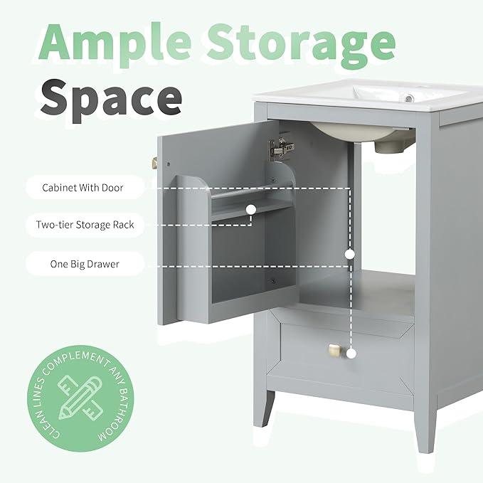 Bellemave 20-inch Bathroom Vanity with Sink, Free Standing Bathroom Vanity Cabinet with Soft Closing Door, Storage Rack, and Drawer, Solid Wood Vanity Set with Ceramic Sink（Grey）