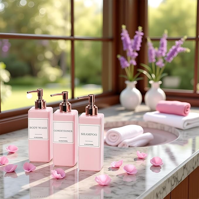Shampoo and Conditioner Dispenser for Shower, Refillable Shampoo and Conditioner Bottles Body Wash Dispenser with Waterproof Labels, 3PCS Soap Dispenser Bathroom Pink Rose Gold Empty Pump Bottle