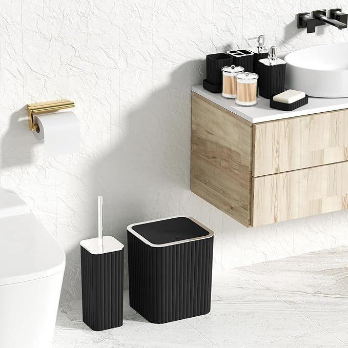 Bathroom Accessories Set - Gorgeous Bathroom Set, 10PC Black Bathroom Accessory Set, Toilet Brush, Trash Can, Qtip Holder & Soap Dispenser