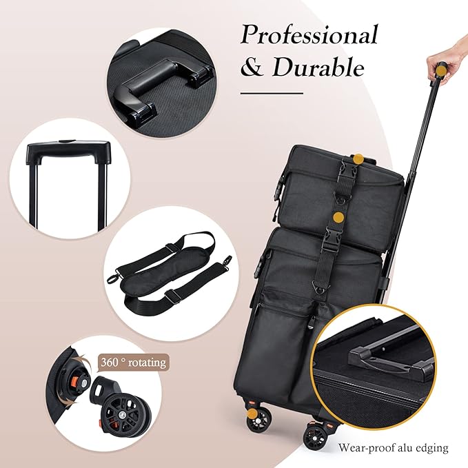 Stagiant Professional Rolling Makeup Case Soft Sided Cosmetology Organizer Wheeled Nylon Train Case Portable Travel Supply Station for Makeup Artist Nail Technician Hair Stylist Crafters