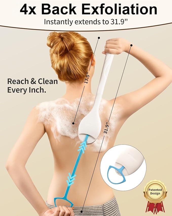 BUBBLEDANCE® Back Scrubber for Shower with Extendable Long Handle (17.5-31.9"), 1.3X Larger Natural Stiff Bristles, Anti-Slip Shower Brush for Deep Exfoliating, Bath & Dry Brushing