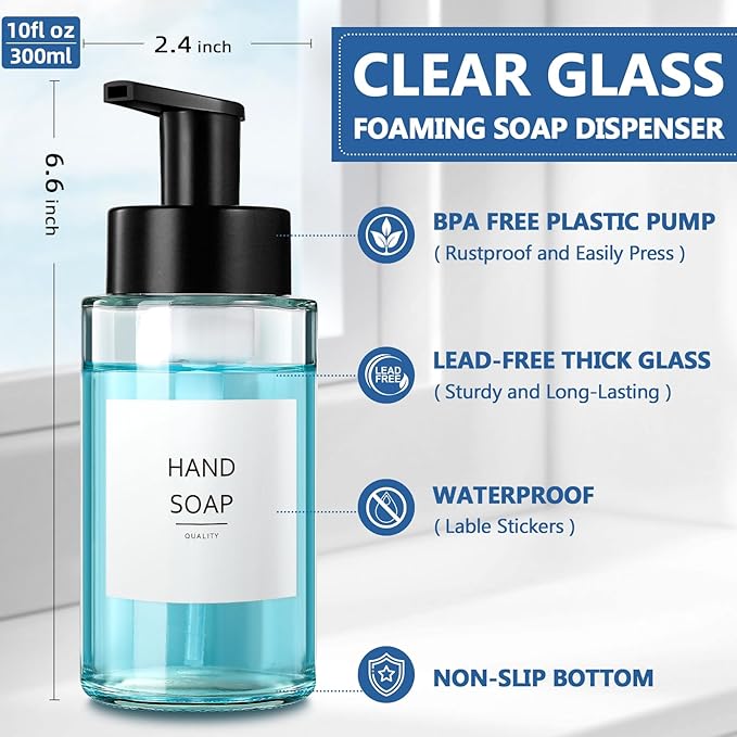 Foaming Soap Dispenser, 10 oz/300ml Foaming Hand Soap Dispenser, 4 Pack Glass Dispenser for Bathroom & Kitchen, Clear Refillable Foam Dispenser Bottle with Waterproof Labels