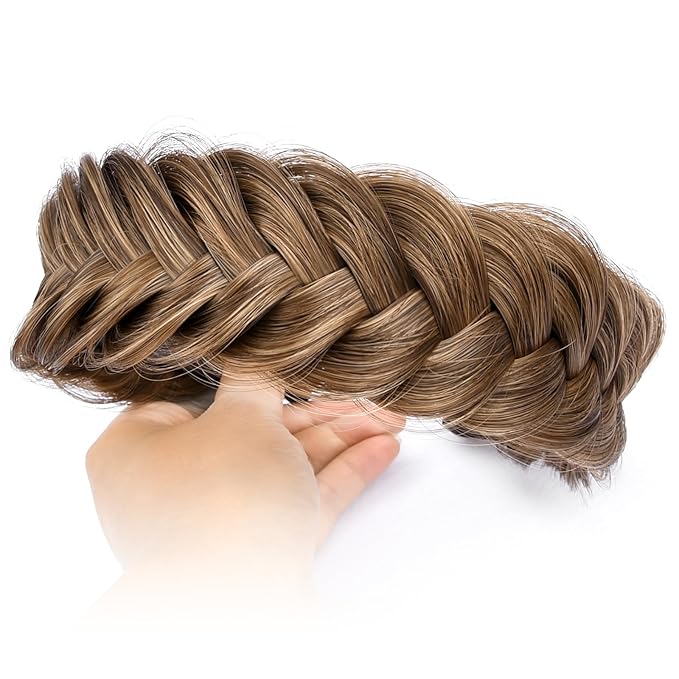 DIGUAN Wide Messy Braided Headband With Teeth Synthetic Hair Plaited Headband High Elasticity Braids Chunky Fishtail Braided Hair Band Hairpiece for Girls Women (Claybank)