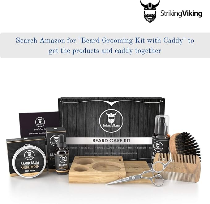Striking Viking Bamboo Beard Kit for Men - 7.3 in x 4.5 in x 1 in - Portable Grooming Caddy Organizer for Beard Balm & Oil Products - With Scissors & Comb Brush Holder