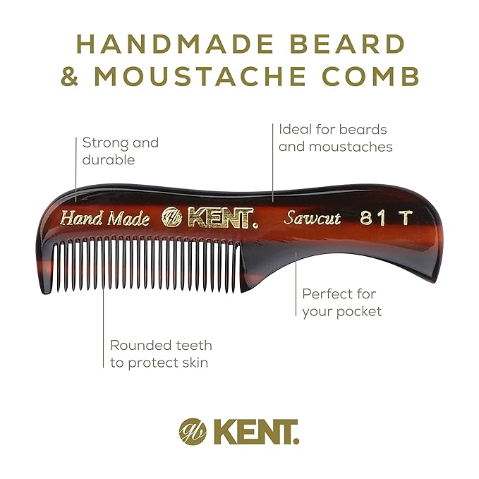 Kent Beard & Mustache Grooming Kit Includes BRD2 White Boar Bristle Beard Brush, 81T Handmade Sawcut Comb, and FOT Fine Tooth Beard Comb for Men’s Care