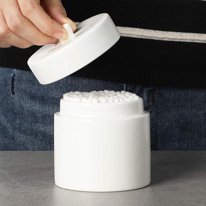 LEETOYI Ceramic Cotton Swabs Holder Organizer with Lid,Storage Canisters for Swabs,Cotton Balls,Makeup Sponges, Hair Ties,Bath Salts, and Easy To Clean (White)