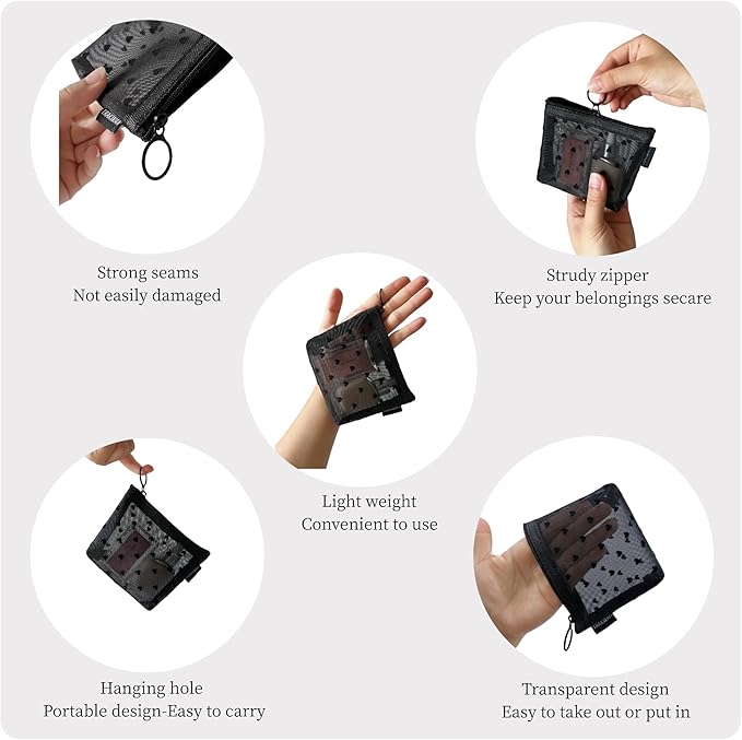 Mini Mesh Heart Makeup Bag Set, Mesh Cosmetic Bags with Zipper, Makeup Lipstick Cosmetic Accessories Organizer Bag, Mesh Pouch for Travel (Black-6pcs)