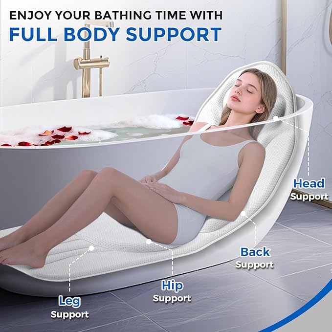 52" x 16" Full Body Bath Pillow for Bathtub, Luxury Bathtub Cushion with 192 Suction Cups and Soft 5D Mesh Fabric, Bath Tub Pillows for Head and Neck, Relaxing Tub Accessories for Women