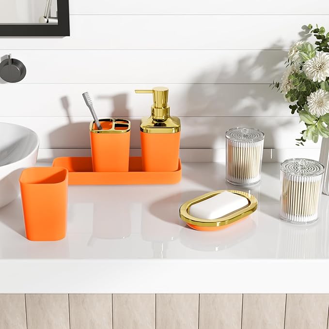Orange Bathroom Accessories Set, Orange and Gold Bathroom Accessories with Trash Can, Soap Dispenser, Soap Dish, Toothbrush Holder and Q-tip Holders