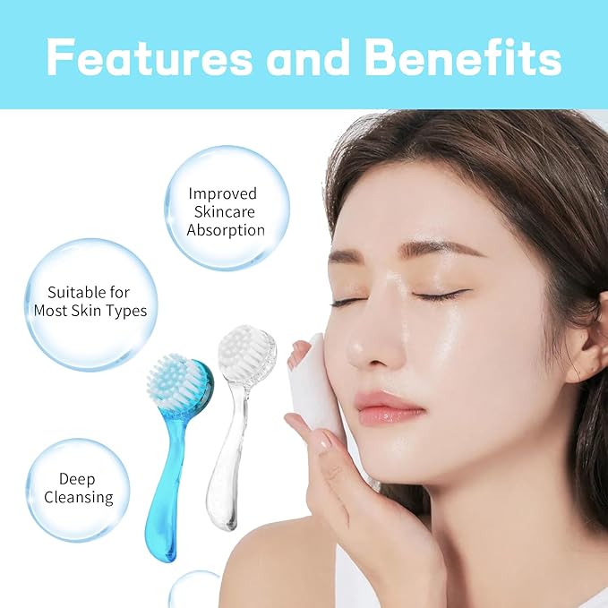 2 Pcs Face Brushes for Cleansing Set Small Manual Exfoliating Brushes for Cleaning Face Spa & Makeup Removal Charcoal Infused Scrubbing Brushes Ideal for Exfoliation & Skincare Blue Clear